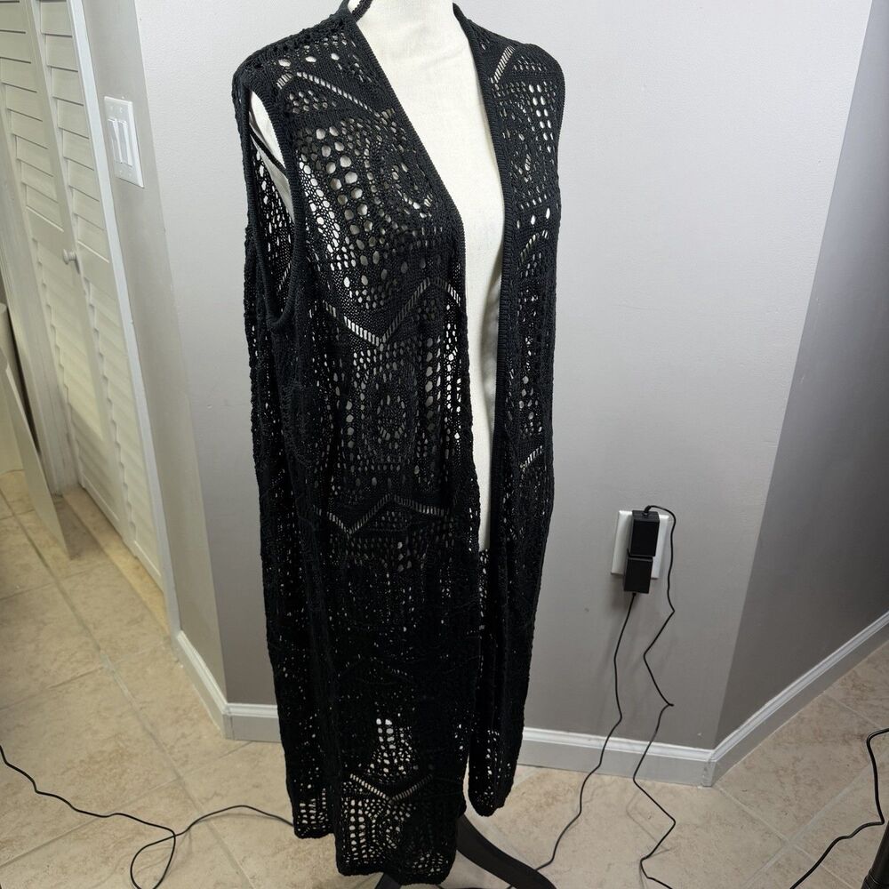 Chelsea & Theodore 1X Crochet Open Front Long Line Duster Vest Cardigan Boho - Picture 7 of 8